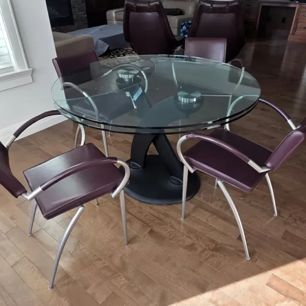 Round glass dining table with chairs - Aspen SW estate sale, Calgary